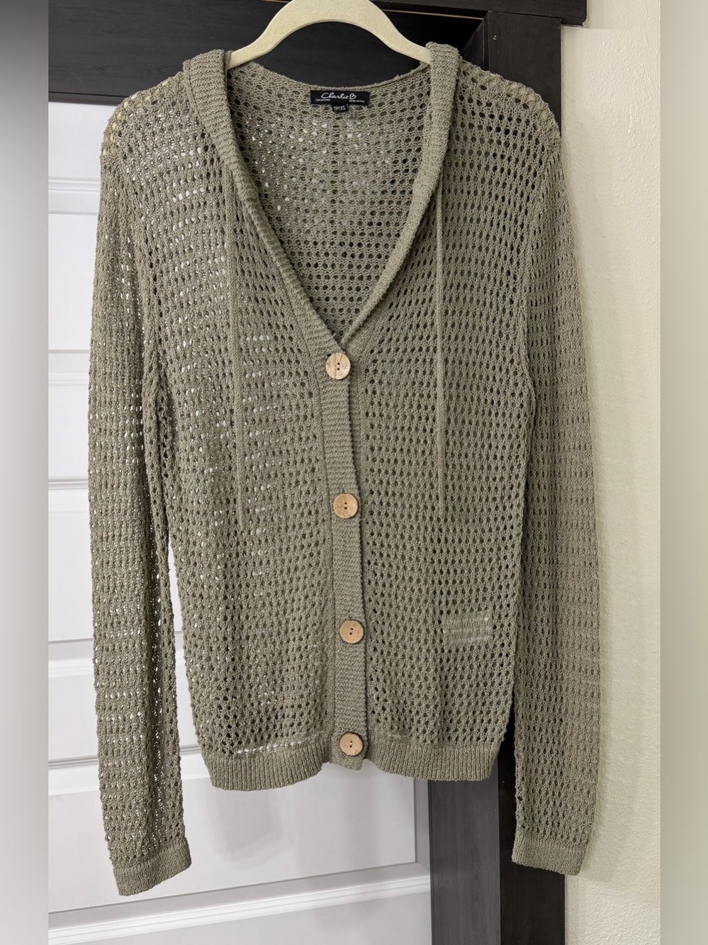 CHARLIE B Olive Open-Knit V-Neck Sweater Women’s Size S